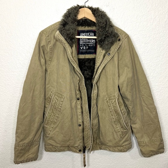 American Eagle Canvas Distressed Faux Fur Coat Mens Utility Y2K Size S - Picture 1 of 12